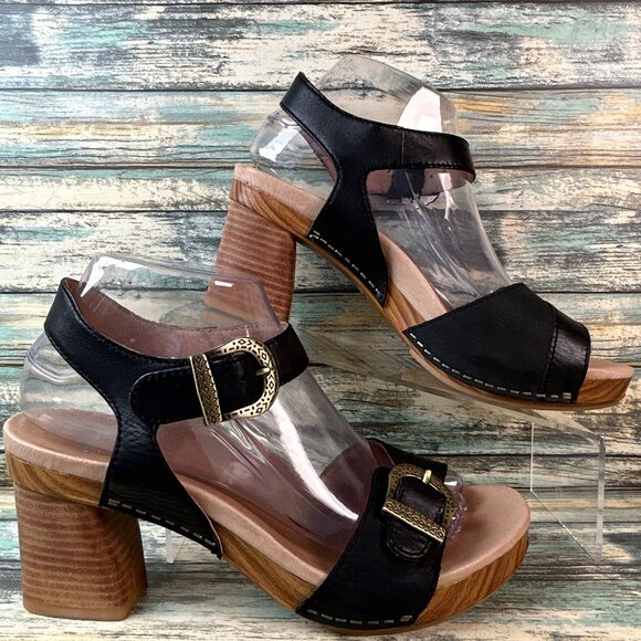 Dansko Sandals Womens Anna 7.5-8 Black Leather Dress Silver Buckles Block Heel - Picture 1 of 12